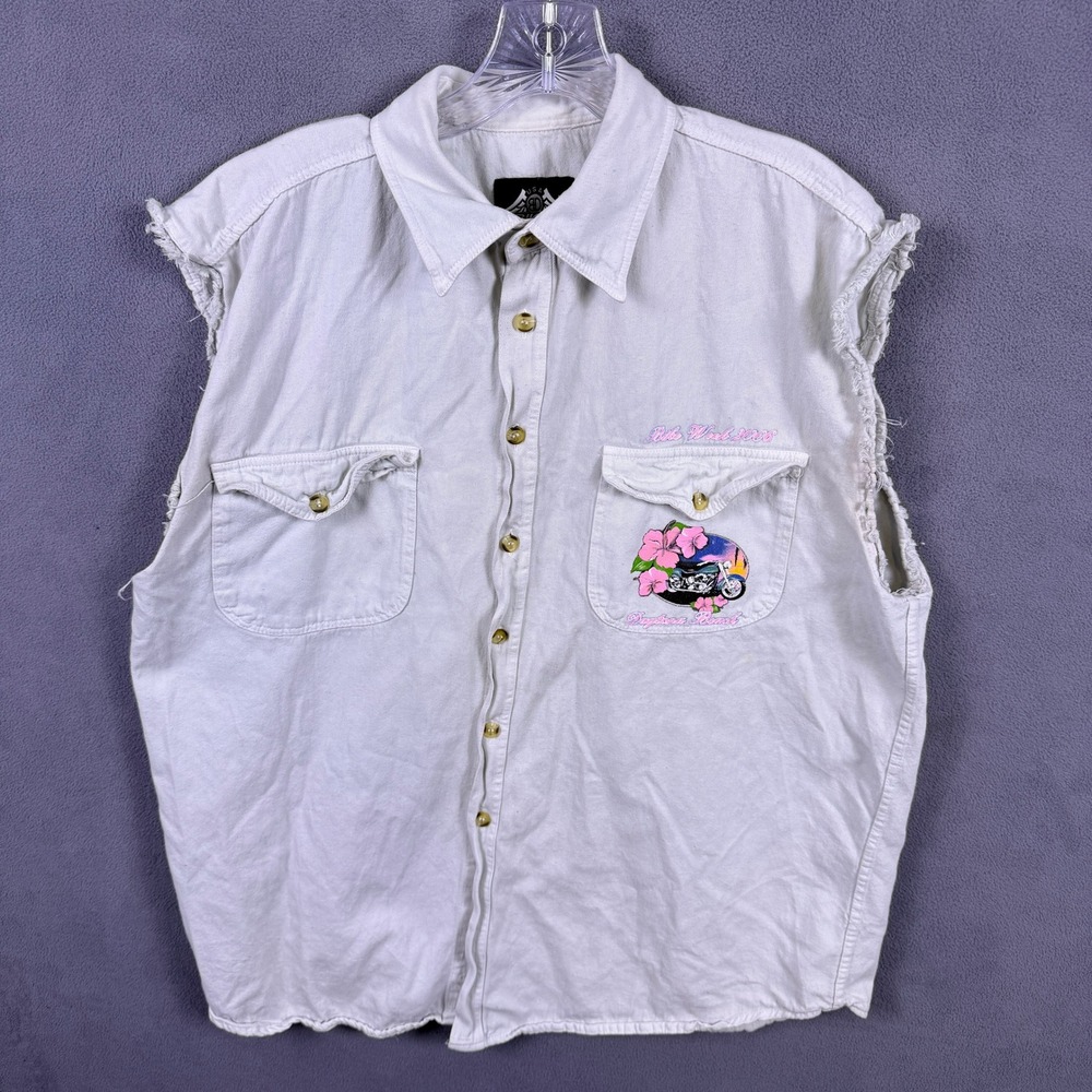 Y2K Biker Design Vest Women Large White Daytona Beach Bike Week 2006 Graphic
